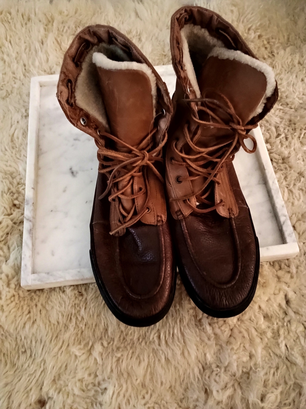 Polo Ralph Lauren Men's Brown Leather Lace-Up Winter Boots Size 12 Shearling